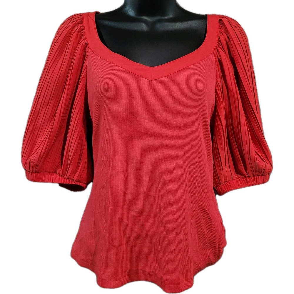 Calligraphie Rib Knit Bishop Sleeve Blouse Size M Red V-Neck Half Sleeve Formal